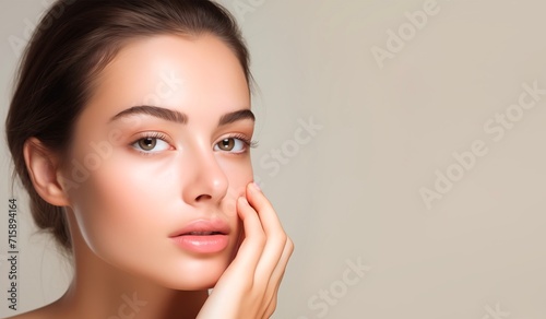 Beautiful woman touching her face with natural makeup and clean skin on a beige background. Concepts for cosmetic and skincare