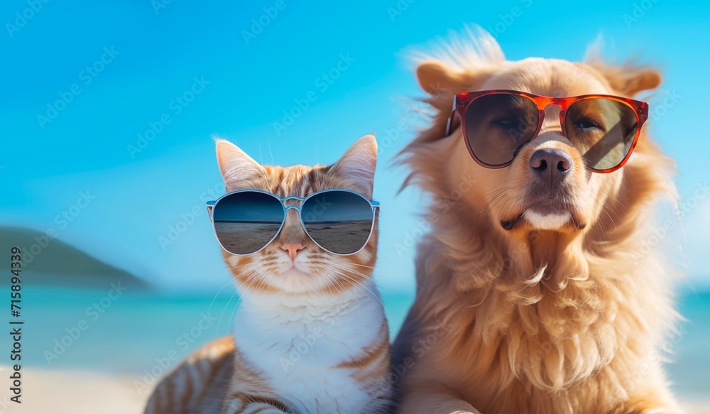 Cat and dog wearing sunglasses on the beach. The concept for animal creative banner concepts in summer or vacation