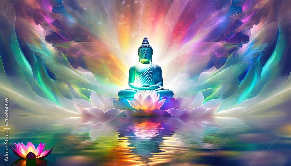  illustration of buddha aura of energy surreal fantasy light flashing beautiful light spectrum bright white lotus flower burning cloud like petals seawater - obrazy, fototapety, plakaty 