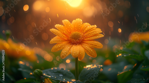 Vibrant Orange Flower Gleaming Under Sunset Rainfall in Lush Garden. AI. © Vasyl