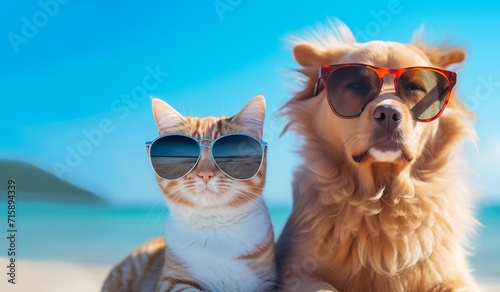 Cat and dog wearing sunglasses on the beach. The concept for animal creative banner concepts in summer or vacation © PJang