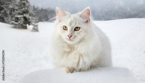 beautiful white fluffy turkish angora cat on snow background