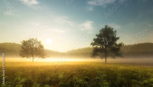 tranquil foggy grassland and trees at sunrise