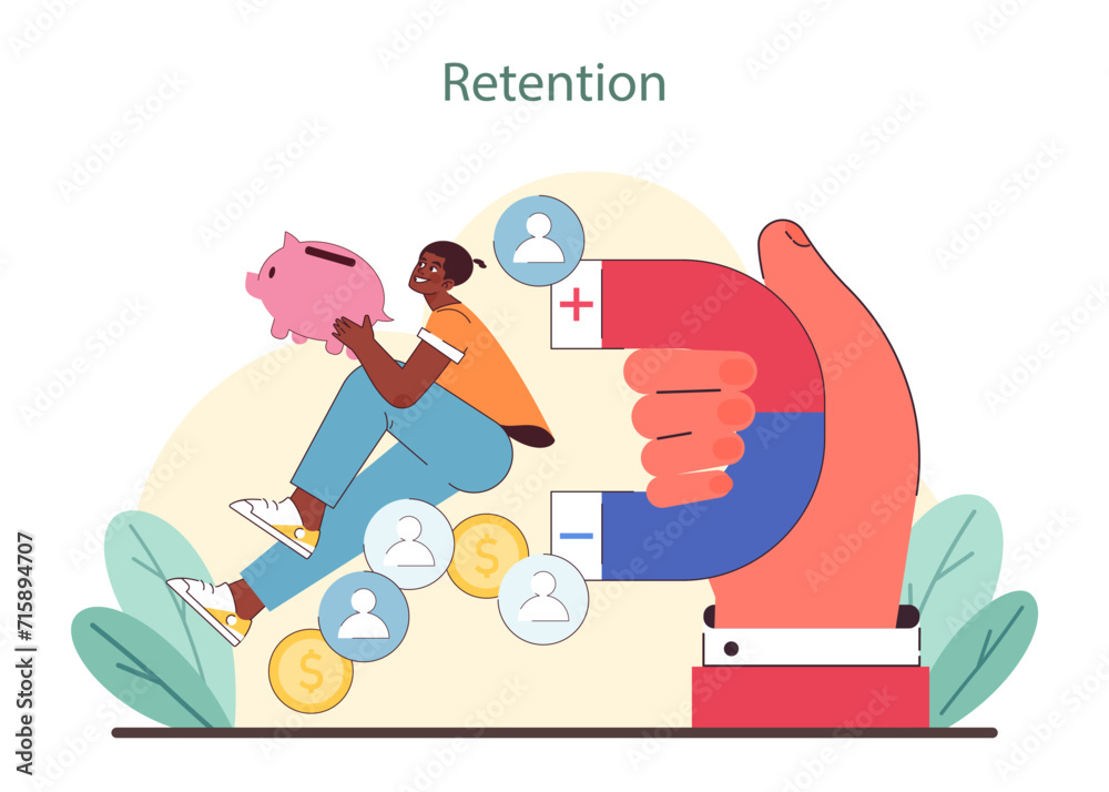 Customer retention concept. Depicts saving strategy, client satisfaction, and loyalty programs as key to sustaining market presence. Essential for niche marketing. Flat vector illustration.