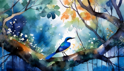 watercolor painted bird on a branch in the forest 