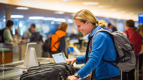 Young woman at the airport check-in counter with her luggage. photo