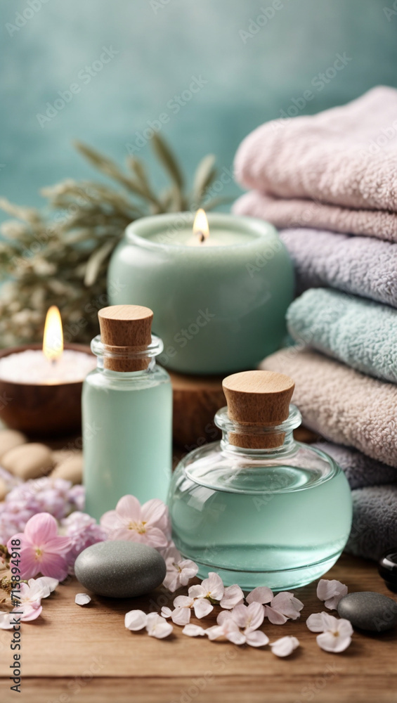 beauty treatment items for spa procedures on wooden table, massage stones, essential oils and sea salt