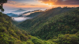 Tropical forest nature landscape view with toursits mountain range and moving cloud mist at Kew Mae Pan nature trail, Doi Inthanon, Chiang Mai Thailan