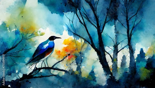 watercolor painted bird on a branch in the forest 