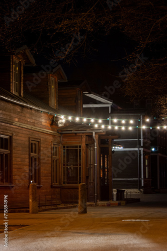 Kalnciema quarter in Agenskalns (Riga, Latvia) during night. Traffic lights, street photography, long exposure