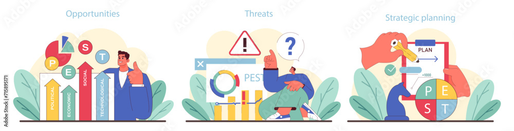 Strategic planning set. Identifying opportunities, understanding threats, and crafting strategies. Charts for political, economic, social, technological growth. Flat vector illustration.