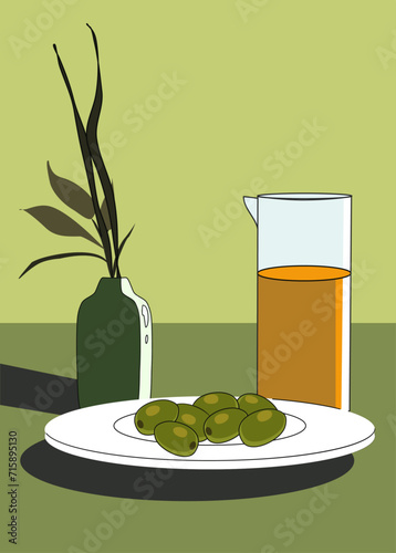 the plate with olives and vase ,monochrome,minimalist style green color background