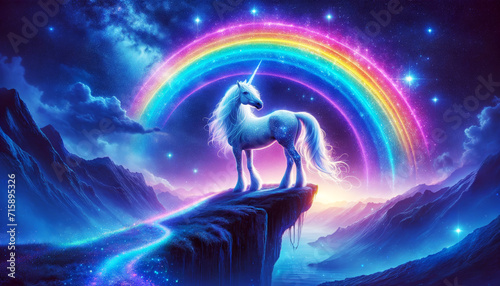 Majestic Unicorn on Cliff with Rainbow.
A regal unicorn stands on a cliff under a radiant rainbow in a majestic mountain landscape. #715895326