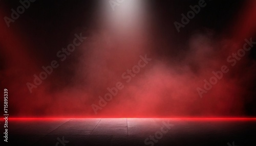 the dark stage shows red background an empty dark scene neon light spotlights the asphalt floor and studio room with smoke float up the interior texture for display products