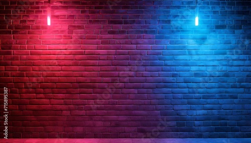 texture of not plastered brick walls with neon lights lighting effect red and blue neon background