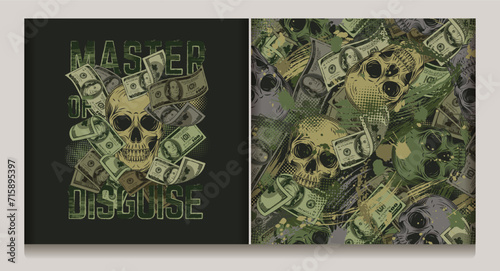 Green khaki grunge camouflage label, seamless pattern with human skull among falling 100 dollar bills, halftone shapes, text Master of Disguise. Good for apparel, textile, sport goods design. Not AI