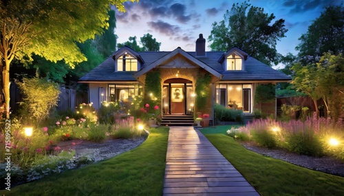 summer evening on the patio of beautiful suburban house with lights in the garden garden digital ai