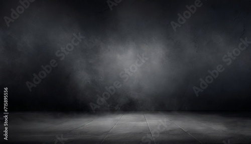 empty dark abstract cement wall and studio room with smoke float up interior texture for display products wall background