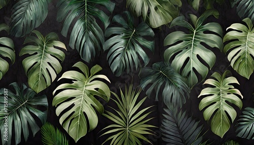 tropics art painted leaves on a dark background texture picture murals in the interior