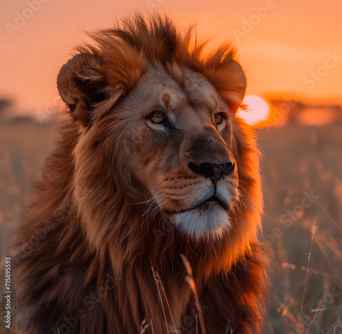 Majestic African Lion Basking in the Warm Glow of a Savannah Sunset. AI.