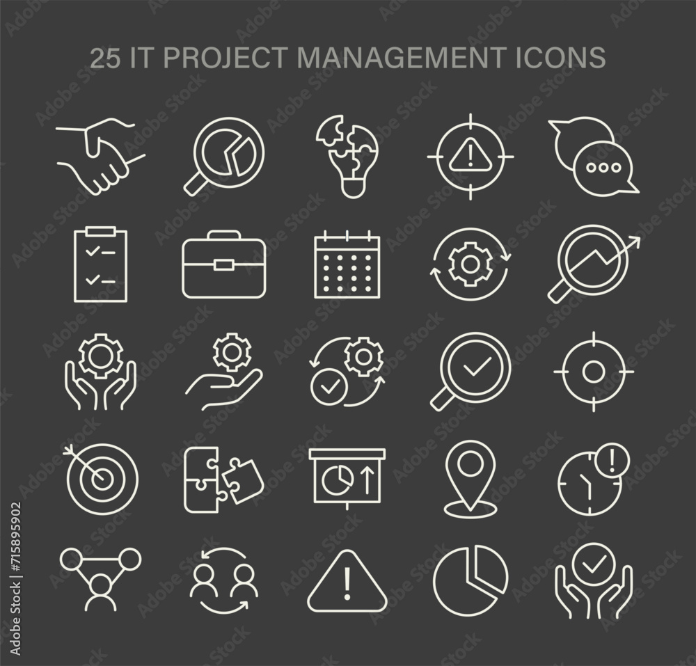 IT Project Management set. Comprehensive icons for teamwork, strategy, and planning. Essential elements for successful execution and goal achievement. Flat vector illustration. IT Project Management set. Comprehensive icons for teamwork, strategy, and planning. Essential elements for successful execution and goal achievement. Flat vector illustration.