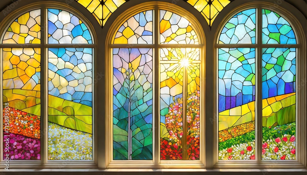  illustration of luminous stained glass window showing the annual progression of the seasons spring summer autumn winter