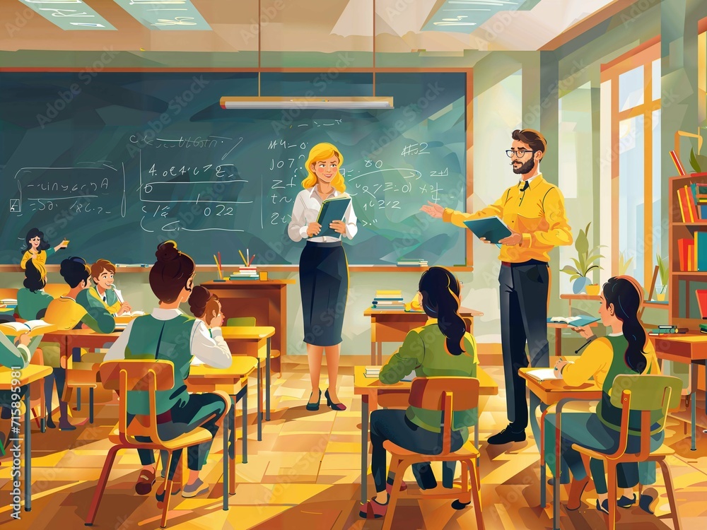 Attractive mathematics lesson in a bright classroom