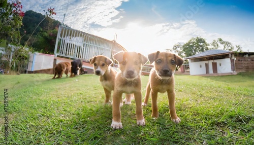 several abandoned puppies stand and look with sad eyes wanting to find a home and owner dogs waiting to feed eyes filled with anticipation concept of adopting a pet from a shelter