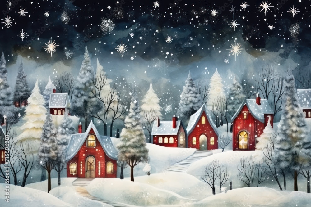 a painting of a snowy night with a red house in the foreground and snow covered trees in the background. a painting of a snowy night with a red house in the foreground and snow covered trees in the background.
