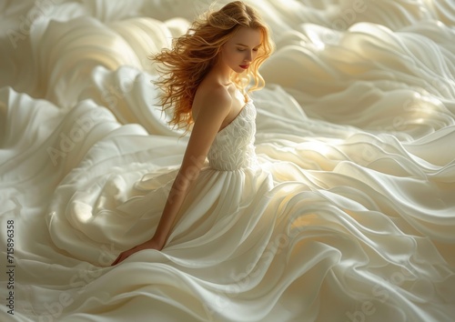 Crisp, high-definition image of a woman gracefully posed in a unique dress resembling flowing whipped cream, emphasizing the creamy texture and delicate folds, photo type: surreal fashion editorial