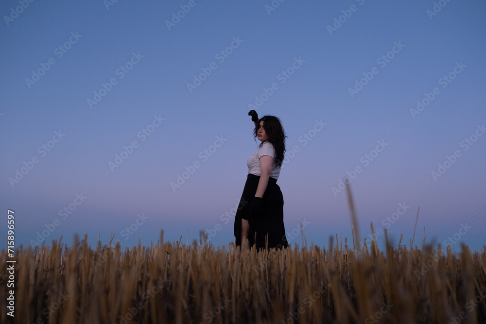 Mujer joven estilo gótica posando en el campo durante el atardecer