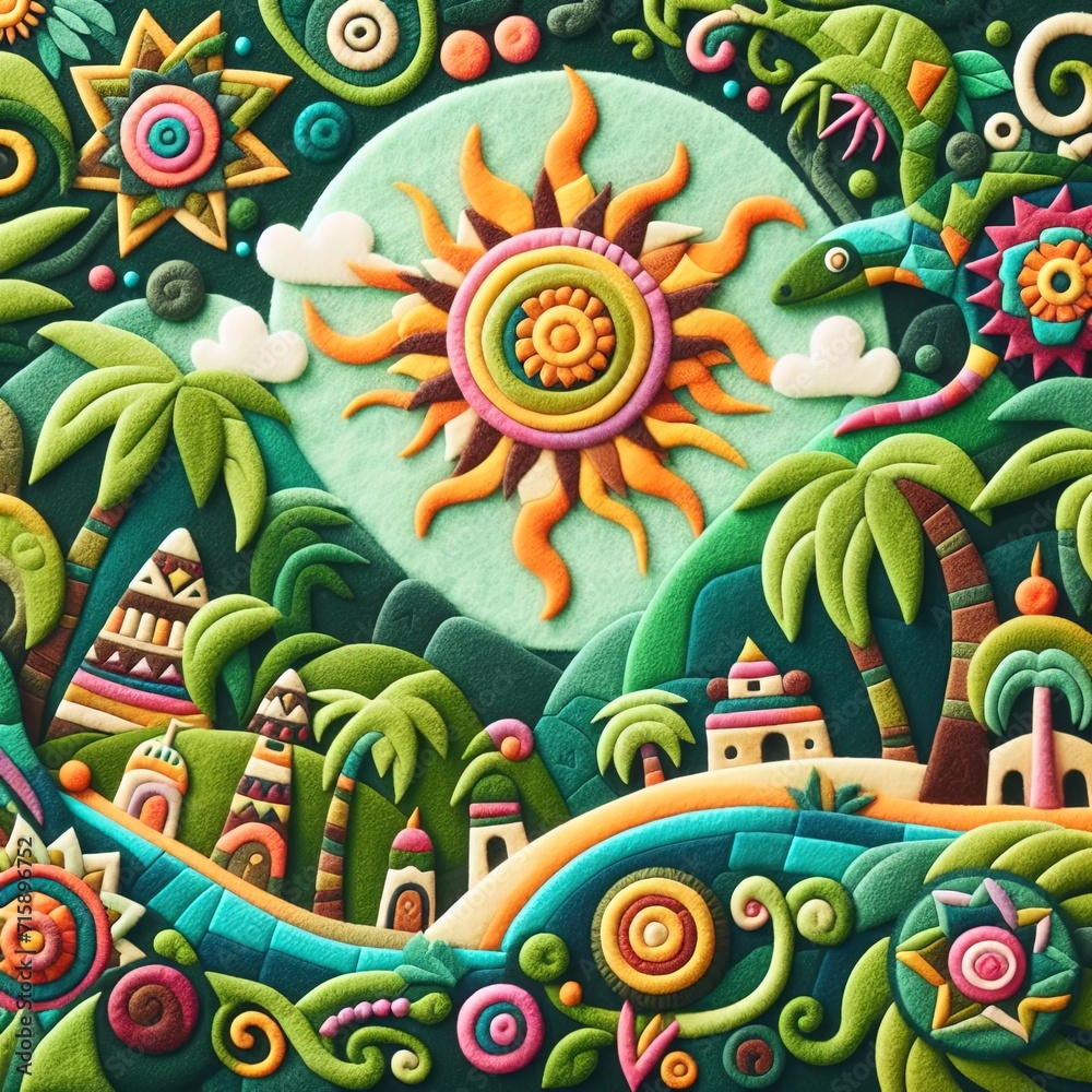 Abstract landscape with Vibrant sun amidst lush greenery and intricate patterns, evoking a tropical paradise. Illustration in a style of felt art patchwork.