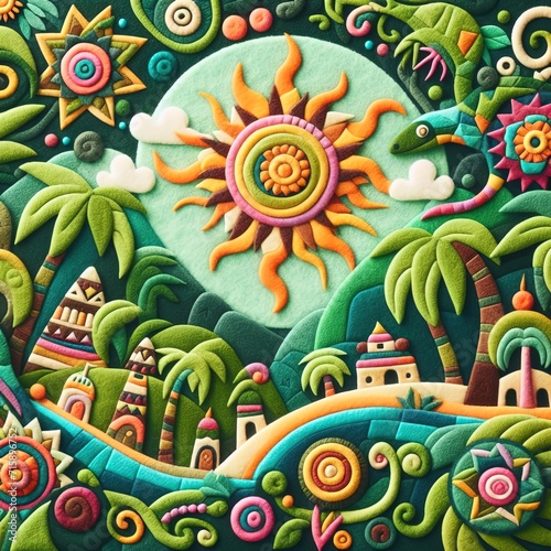 Abstract landscape with Vibrant sun amidst lush greenery and intricate patterns, evoking a tropical paradise. Illustration in a style of felt art patchwork.