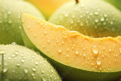  a close up of a bunch of green fruit with water droplets on the top of the fruit and the bottom half of the fruit.