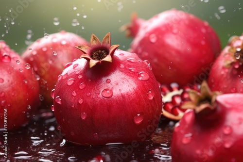  a group of pomegranates sitting on top of a table with water droplets on the top of them.