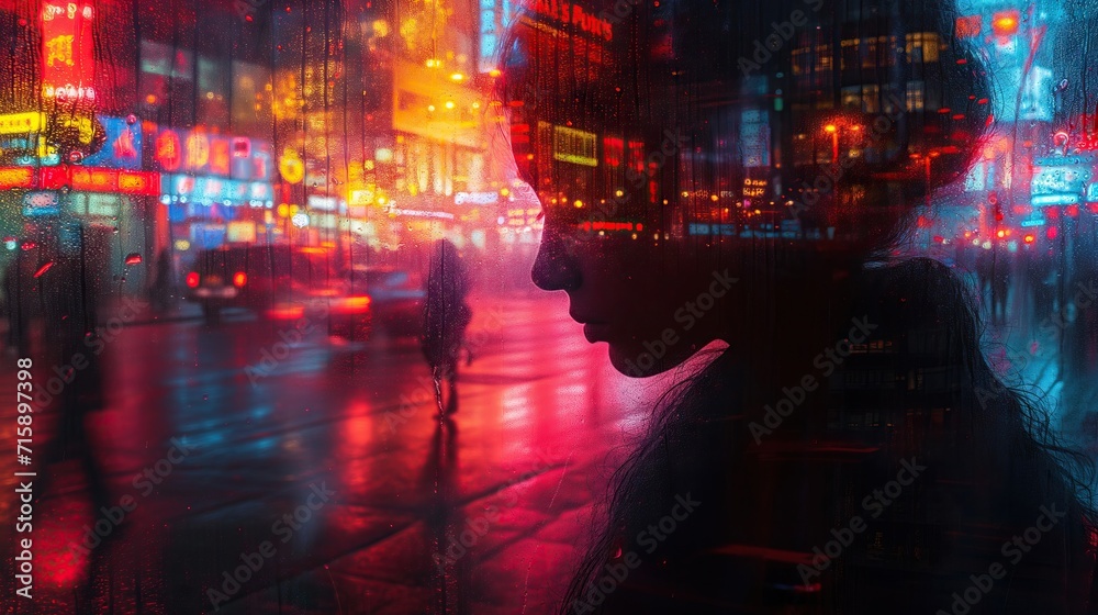 Obraz premium Double Exposure Photo of of a Woman and the city. Urban reflections. Echoes of reflections.