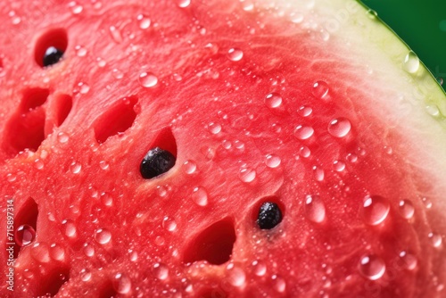  a close up of a slice of watermelon with drops of water on the top and bottom of it.