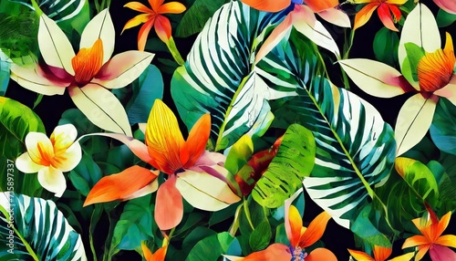 modern exotic floral jungle pattern collage contemporary seamless pattern hand drawn cartoon style pattern