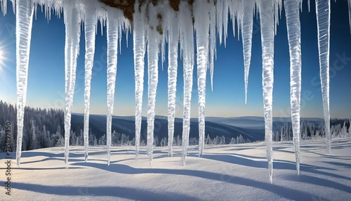 row of big frosty icicles in nature