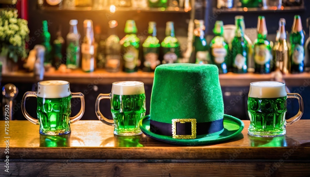 mugs of green beer ale on the bar counter holiday of ireland on st patrick s day in irish pub bar festive leprikon s green hat national tradition of carnival celebrating march 17