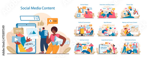 Social Media Content set. Diverse online interactions and digital engagement. From news to animal videos, fitness, and memes. User-generated scenes of digital culture. Flat vector illustration.