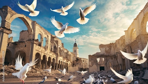 Print op canvas peace crisis concept white dove pigeons flying in front of collapsed buildings s