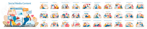 Social Media Content set. Diverse online engagement scenes, from news to DIY. Creative digital interaction, various topics showcased. Flat vector illustration.