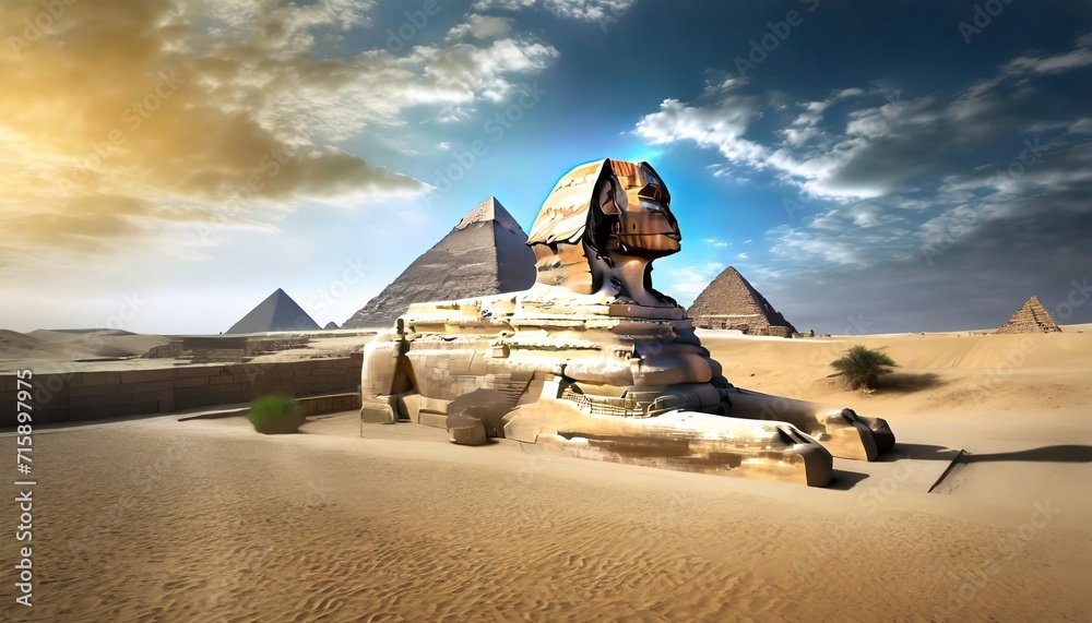 great sphinx near the pyramids in the sandy desert - obrazy, fototapety, plakaty 