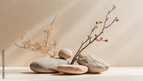 abstract nature scene with composition of stones and dry branch neutral beige background for cosmetic beauty product branding identity and packaging natural pastel colors copy space front view