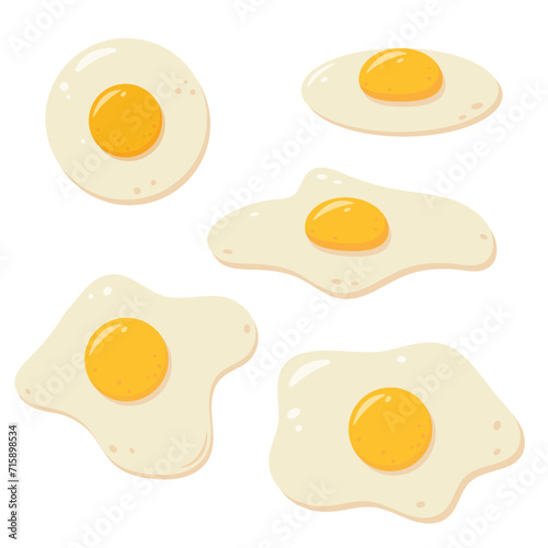 Set of fresh eggs in different views. Healthy organic food for breakfast. Cooked fried eggs meal collection. Egg yolk and white. Vector flat icon illustration isolated on white background.