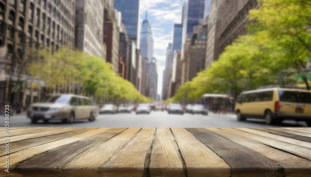 the empty wooden table top with blur background of nyc street exuberant image 