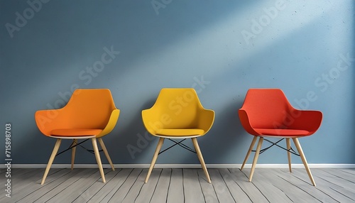 a row of three yellow grey red and orange chairs against a blue wall they are all the same style with simple modern lines beautiful combination of bright colors 