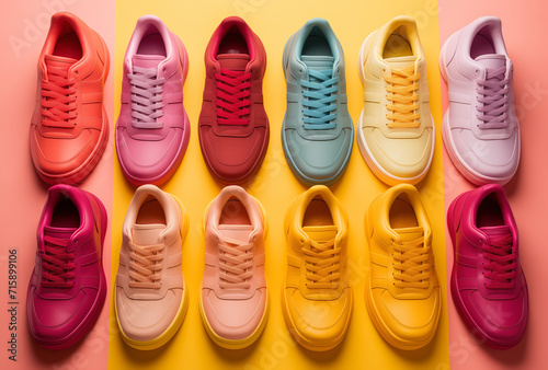Assortment of Women's shallow sneakers.Minimal fashion concept.Flat lay,top view,copy space.Generative AI