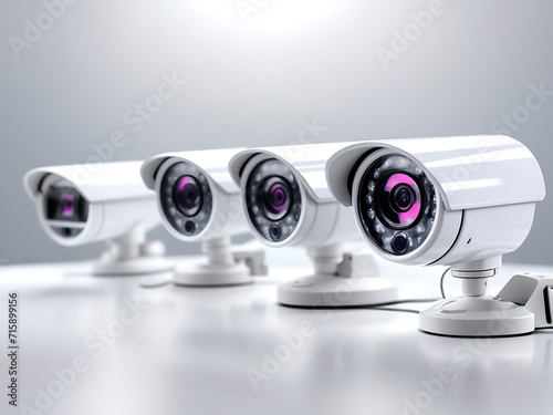 a generic professional set of security cameras in a white glossy material and hologram glowing details as a wide banner with copy space area design.